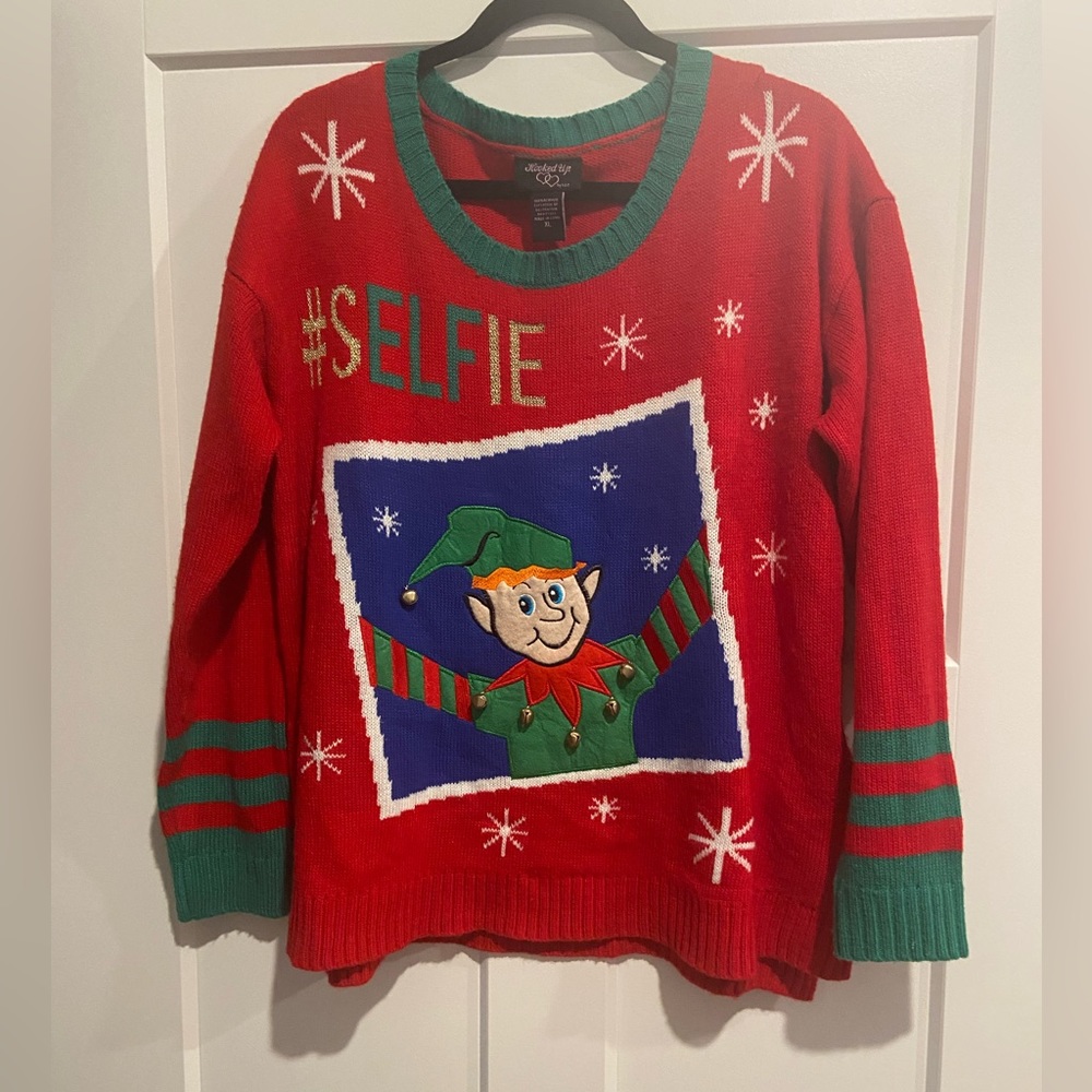 #selfie Elf Ugly Tacky Christmas Holiday sweater women's XL with jingle bells